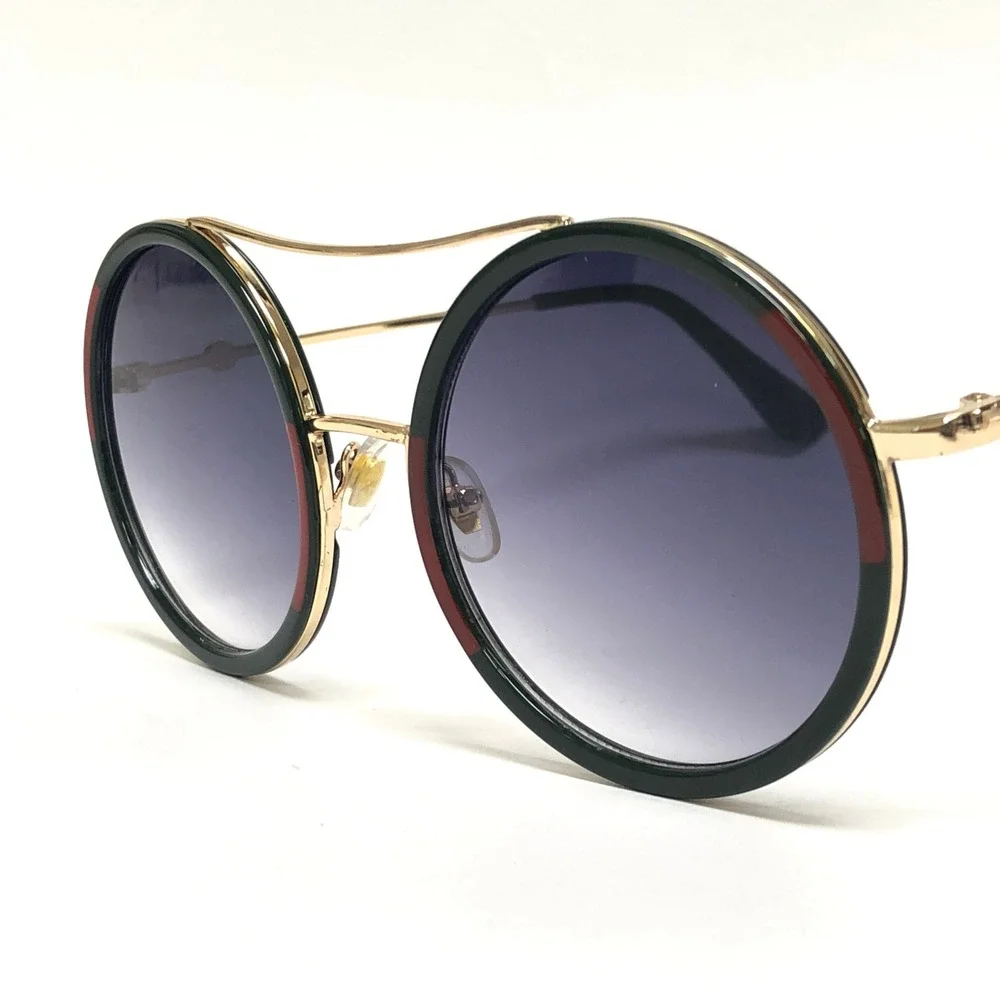 Mens Round‎ Double Bridge Sunglasses Gold Black Red Green Gradient Lenses Lentes